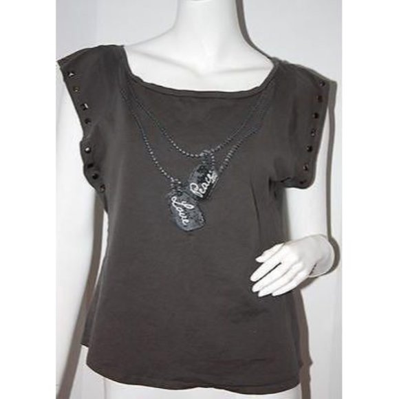 MILEY CYRUS Max Azria STUDDED Peace LOVE Gray TEE SHIRT Top JUNIORS Cotton L - Picture 1 of 1